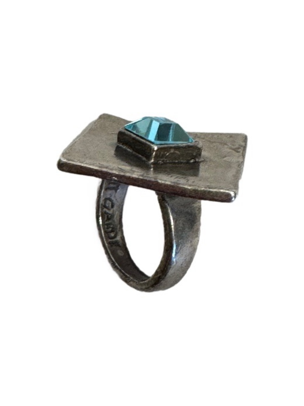 Avant Garde Chunky Silver Aquamarine Signed Ring Bold Brutalist Design Engraved